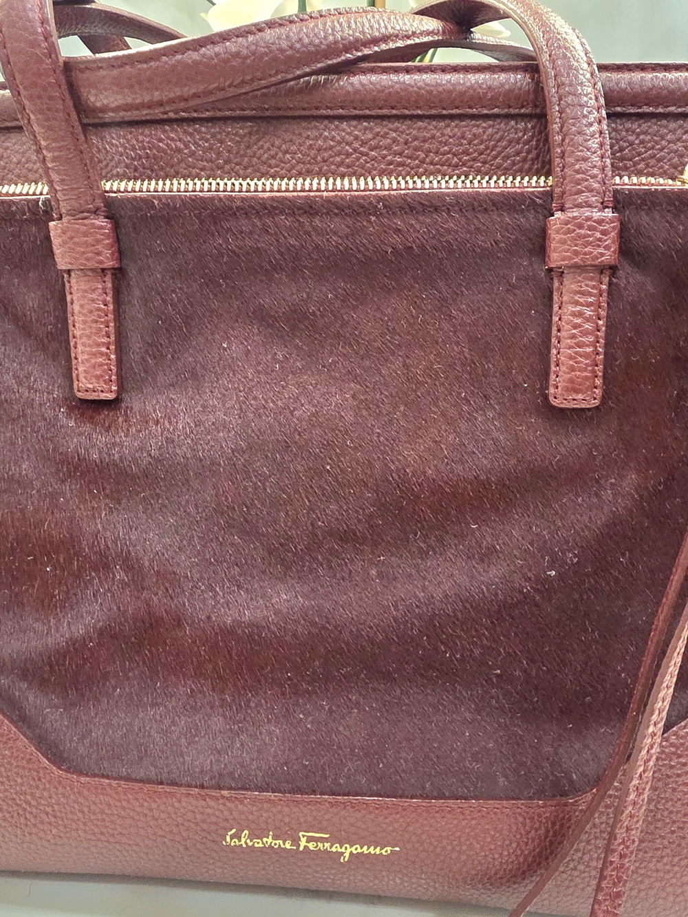Salvatore Ferragamo Burgundy Haircalf and Leather Tote with Gold Logo
